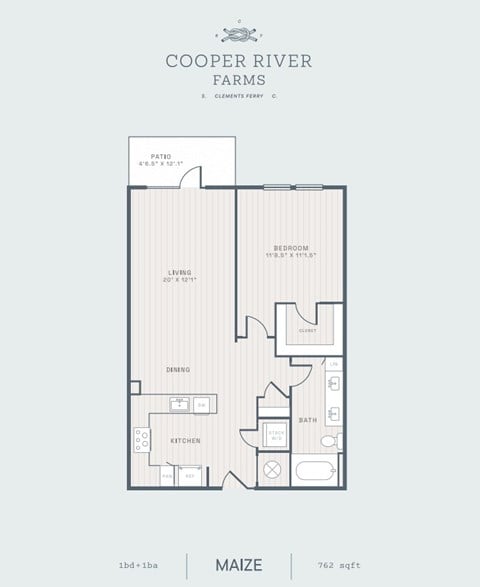 Floor plan for 1 bed, 1 bath, 762 sqft
