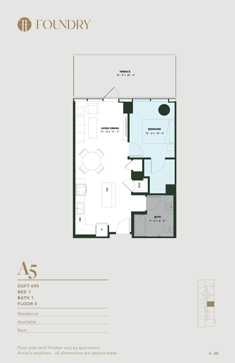Floor plan for 1 bed, 1 bath, 690 sqft