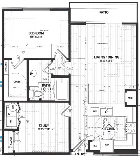 Floor plan for 1 bed, 1 bath, 914 sqft