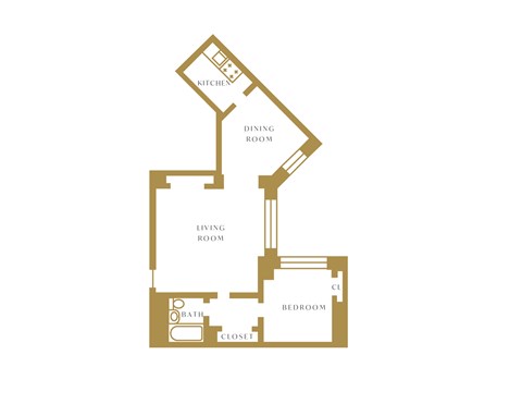 Floor plan for 1 bed, 1 bath, 723 sqft