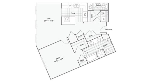 Floor plan for 1 bed, 1.5 baths, 977 sqft