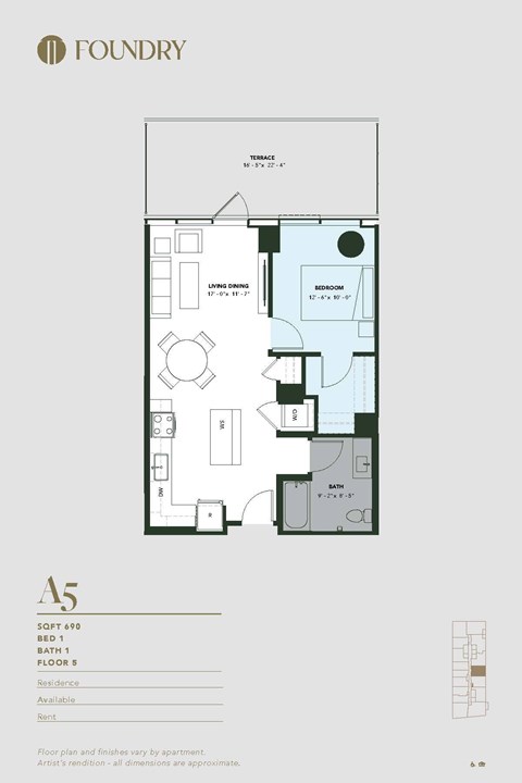 Floor plan for 1 bed, 1 bath, 690 sqft