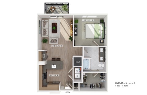 Floor plan for 1 bed, 1 bath, 809 sqft