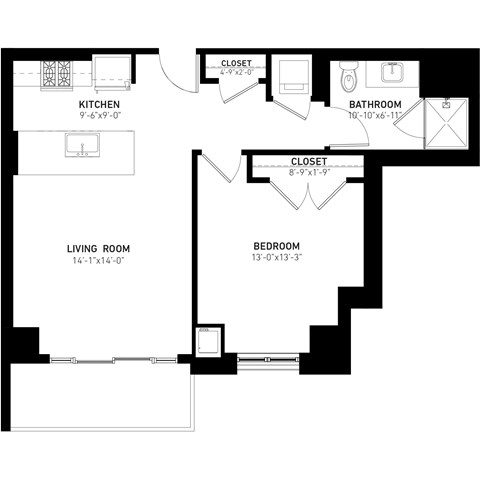 Floor plan for 1 bed, 1 bath, 736 sqft