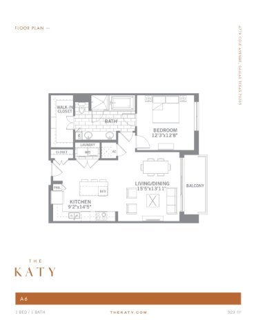 Floor plan for 1 bed, 1 bath, 923 sqft