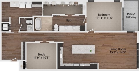 Floor plan for 1 bed, 1 bath, 1388 sqft