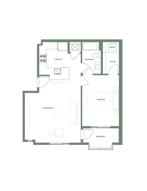 Floor plan for 1 bed, 1 bath, 781 sqft