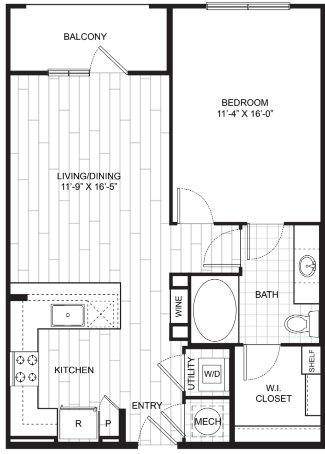 Floor plan for 1 bed, 1 bath, 744 sqft