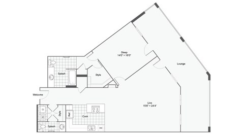 Floor plan for 1 bed, 1.5 baths, 1210 sqft