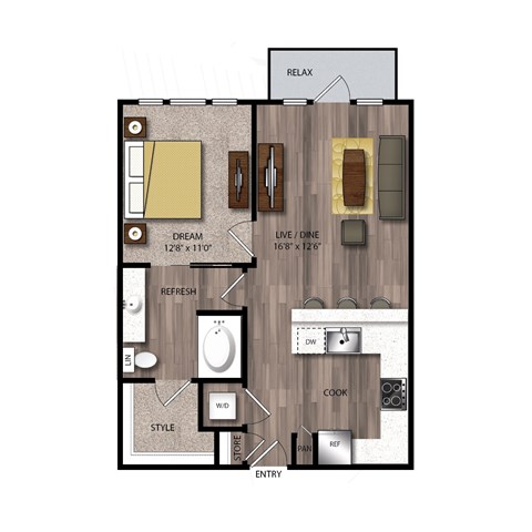 Floor plan for 1 bed, 1 bath, 723 sqft