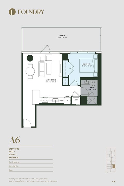 Floor plan for 1 bed, 1 bath, 700 sqft