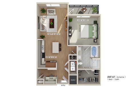 Floor plan for 1 bed, 1 bath, 875 sqft