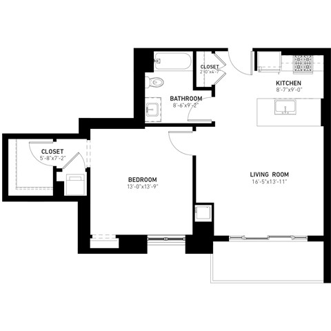 Floor plan for 1 bed, 1 bath, 757 sqft