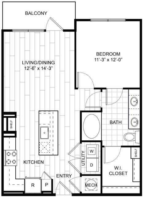 Floor plan for 1 bed, 1 bath, 808 sqft