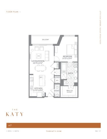 Floor plan for 1 bed, 1.5 baths, 961 sqft