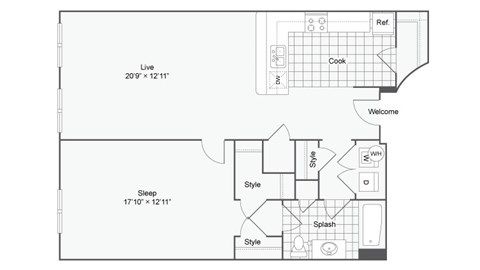 Floor plan for 1 bed, 1 bath, 874 sqft