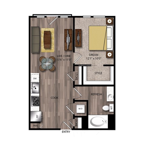 Floor plan for 1 bed, 1 bath, 659 sqft