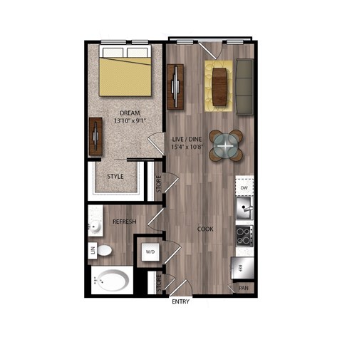 Floor plan for 1 bed, 1 bath, 653 sqft