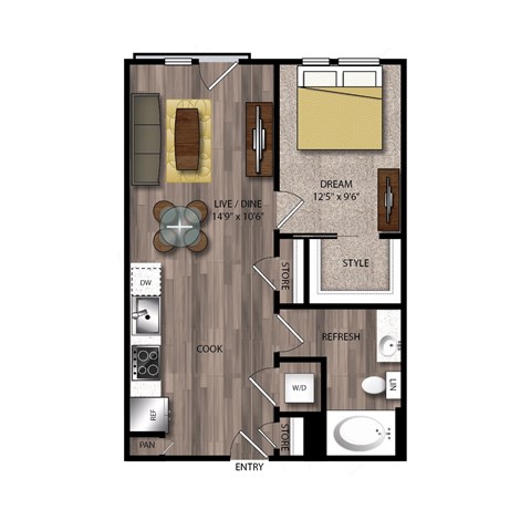 Floor plan for 1 bed, 1 bath, 635 sqft