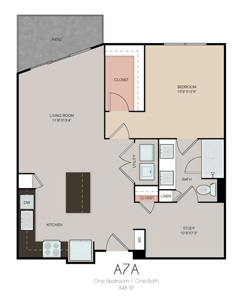 Floor plan for 1 bed, 1 bath, 848 sqft