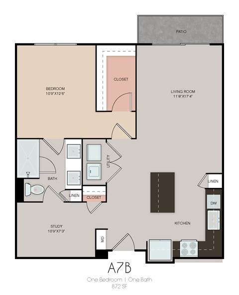 Floor plan for 1 bed, 1 bath, 872 sqft