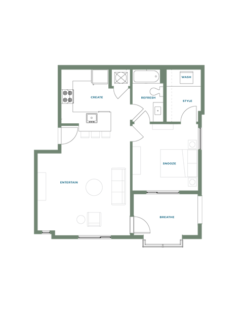 Floor plan for 1 bed, 1 bath, 780 sqft