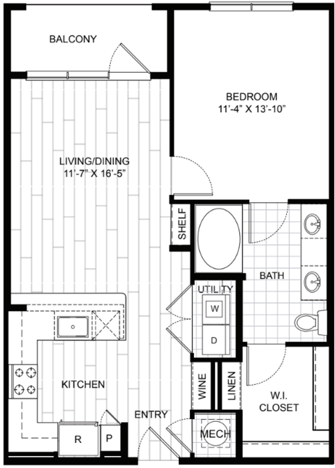 Floor plan for 1 bed, 1 bath, 744 sqft