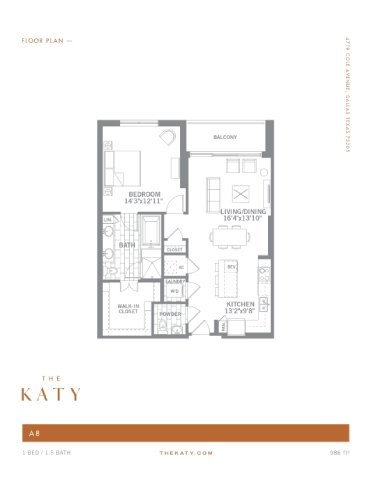 Floor plan for 1 bed, 1.5 baths, 986 sqft