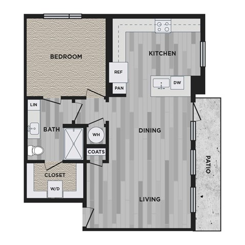 Floor plan for 1 bed, 1 bath, 818 sqft