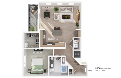 Floor plan for 1 bed, 1 bath, 968 sqft