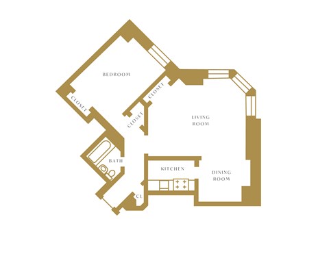 Floor plan for 1 bed, 1 bath, 785 sqft