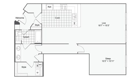 Floor plan for 1 bed, 1 bath, 1033 sqft