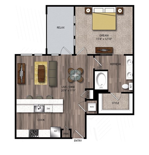 Floor plan for 1 bed, 1 bath, 865 sqft