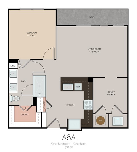 Floor plan for 1 bed, 1 bath, 831 sqft