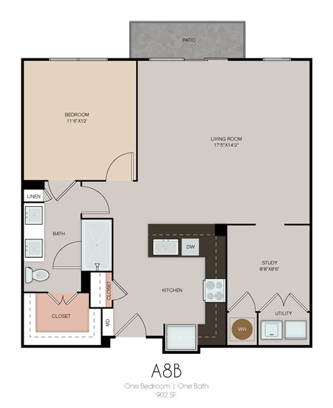Floor plan for 1 bed, 1 bath, 902 sqft