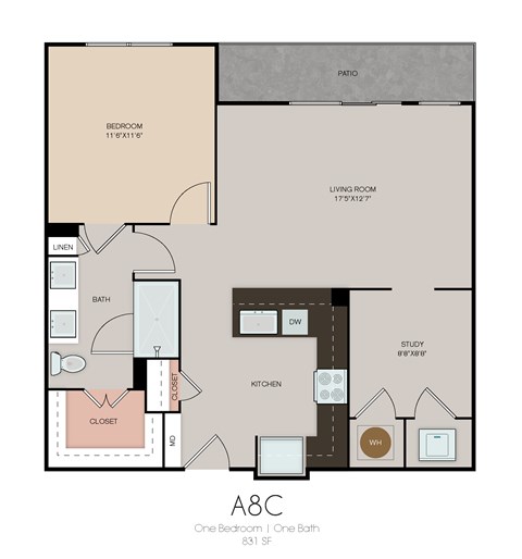 Floor plan for 1 bed, 1 bath, 831 sqft