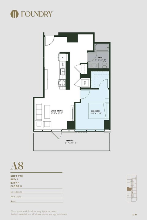 Floor plan for 1 bed, 1 bath, 770 sqft