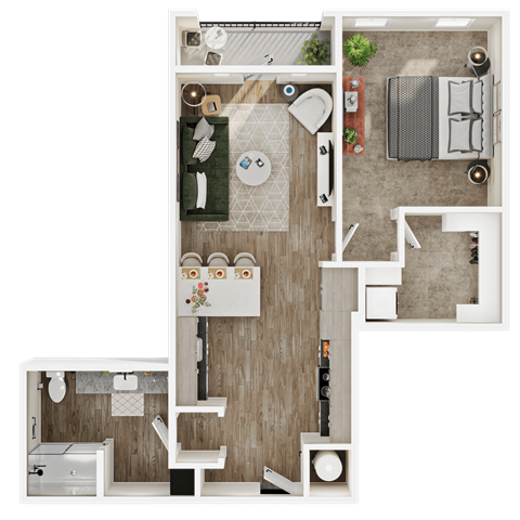 Floor plan for 1 bed, 1 bath, 770 sqft