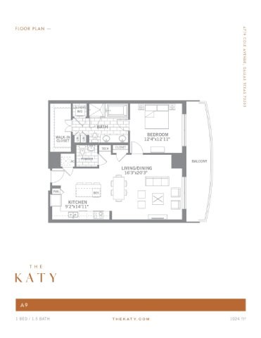 Floor plan for 1 bed, 1.5 baths, 1024 sqft