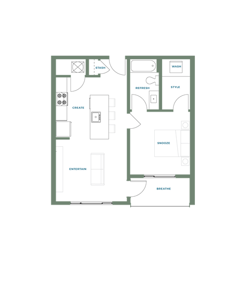 Floor plan for 1 bed, 1 bath, 666 sqft