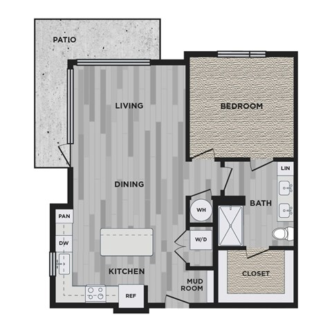 Floor plan for 1 bed, 1 bath, 878 sqft
