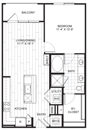 Floor plan for 1 bed, 1 bath, 789 sqft