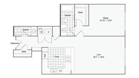 Floor plan for 1 bed, 1.5 baths, 938 sqft