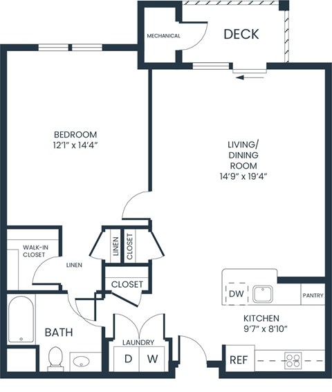 Floor plan for 1 bed, 1 bath, 860 sqft