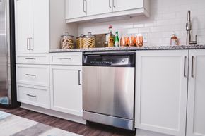 Atlanta apartment for rent - A modern kitchen with white cabinets and a stainless steel dishwasher.