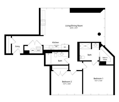 Floor plan for 2 beds, 2 baths, 1080 sqft