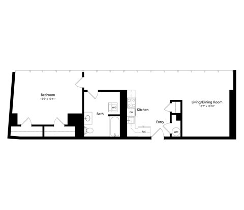 Floor plan for 1 bed, 1 bath, 837 sqft