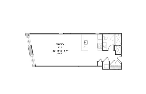 Floor plan for studio, 1 bath, 697 sqft
