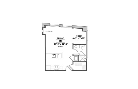 Floor plan for studio, 1 bath, 417 sqft
