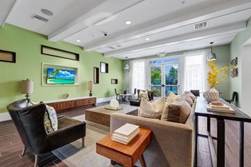 Orlando apartment for rent - A living room with a green wall and a painting of a beach scene.